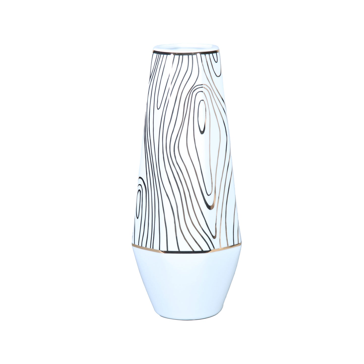 15" White and Gold Faux Bois Cylinder Ceramic Table Vase