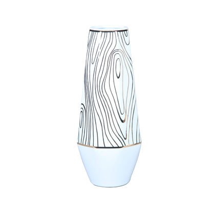15" White and Gold Faux Bois Cylinder Ceramic Table Vase