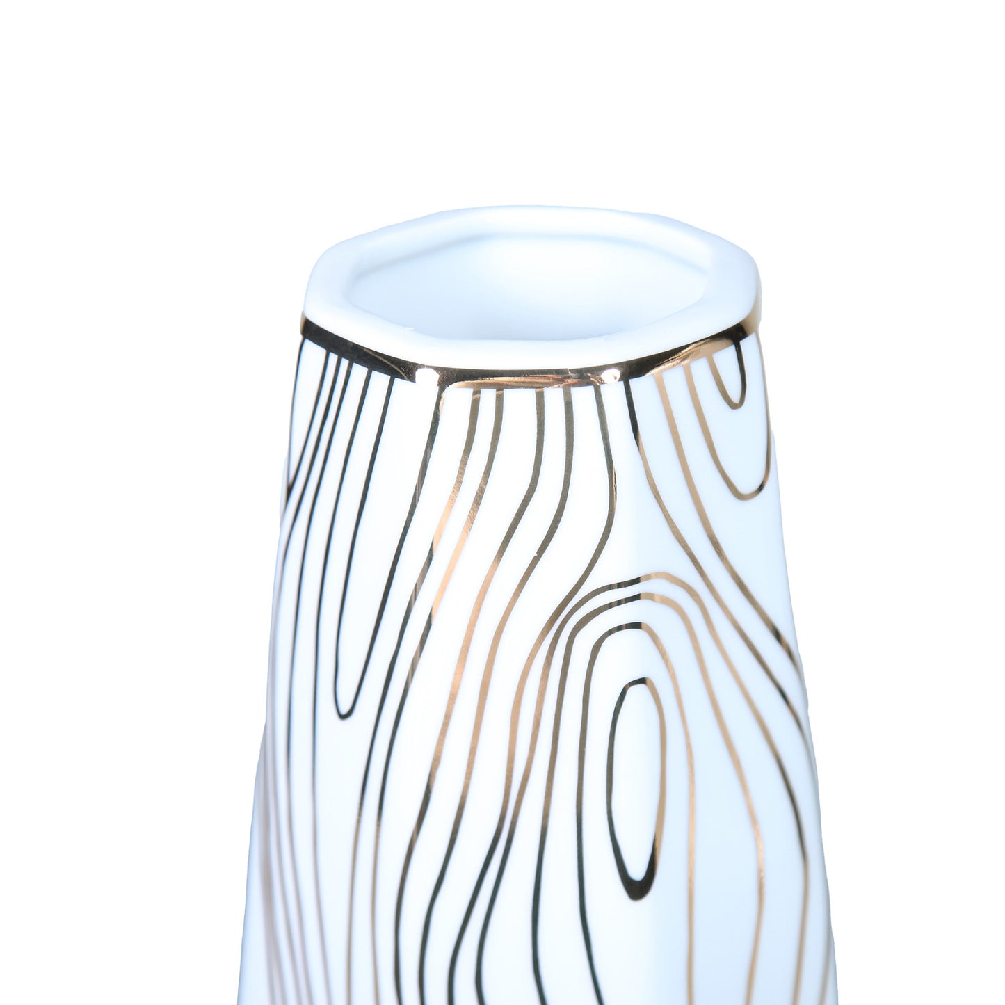 15" White and Gold Faux Bois Cylinder Ceramic Table Vase