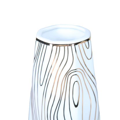 15" White and Gold Faux Bois Cylinder Ceramic Table Vase