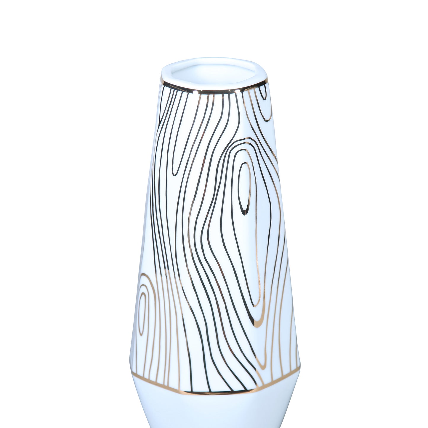 15" White and Gold Faux Bois Cylinder Ceramic Table Vase