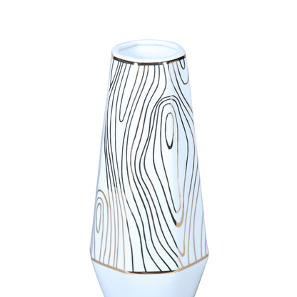 15" White and Gold Faux Bois Cylinder Ceramic Table Vase