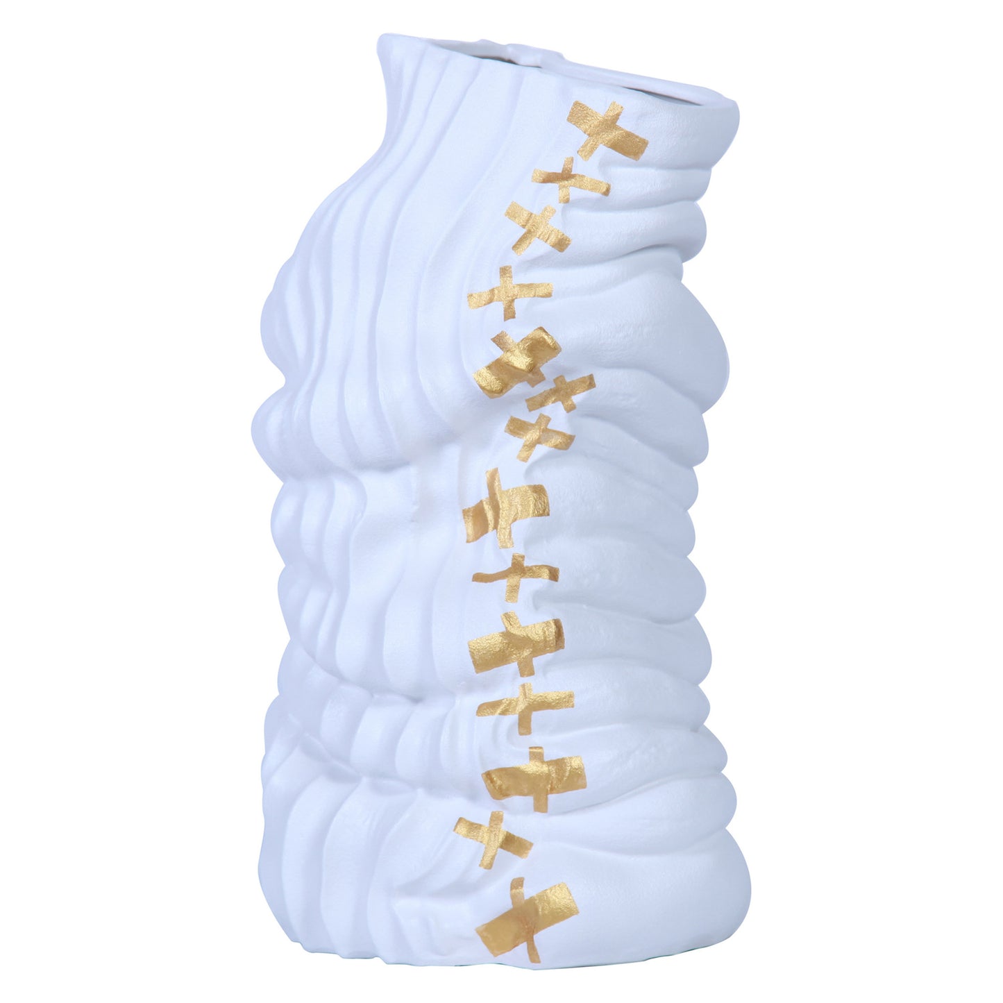 20" White and Gold Abstract Ceramic Table Vase With Sculptural Details