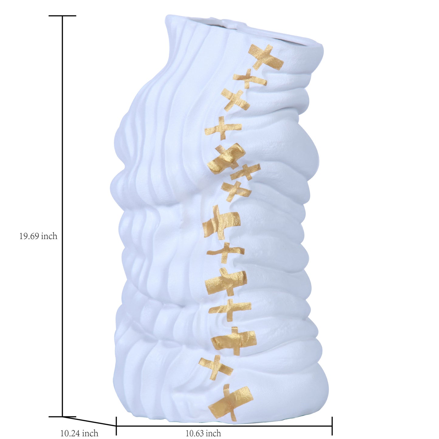20" White and Gold Abstract Ceramic Table Vase With Sculptural Details