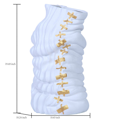 20" White and Gold Abstract Ceramic Table Vase With Sculptural Details