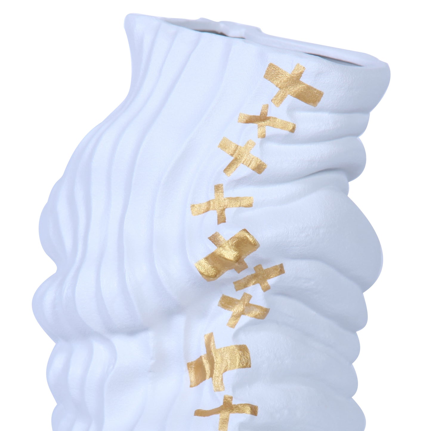 20" White and Gold Abstract Ceramic Table Vase With Sculptural Details