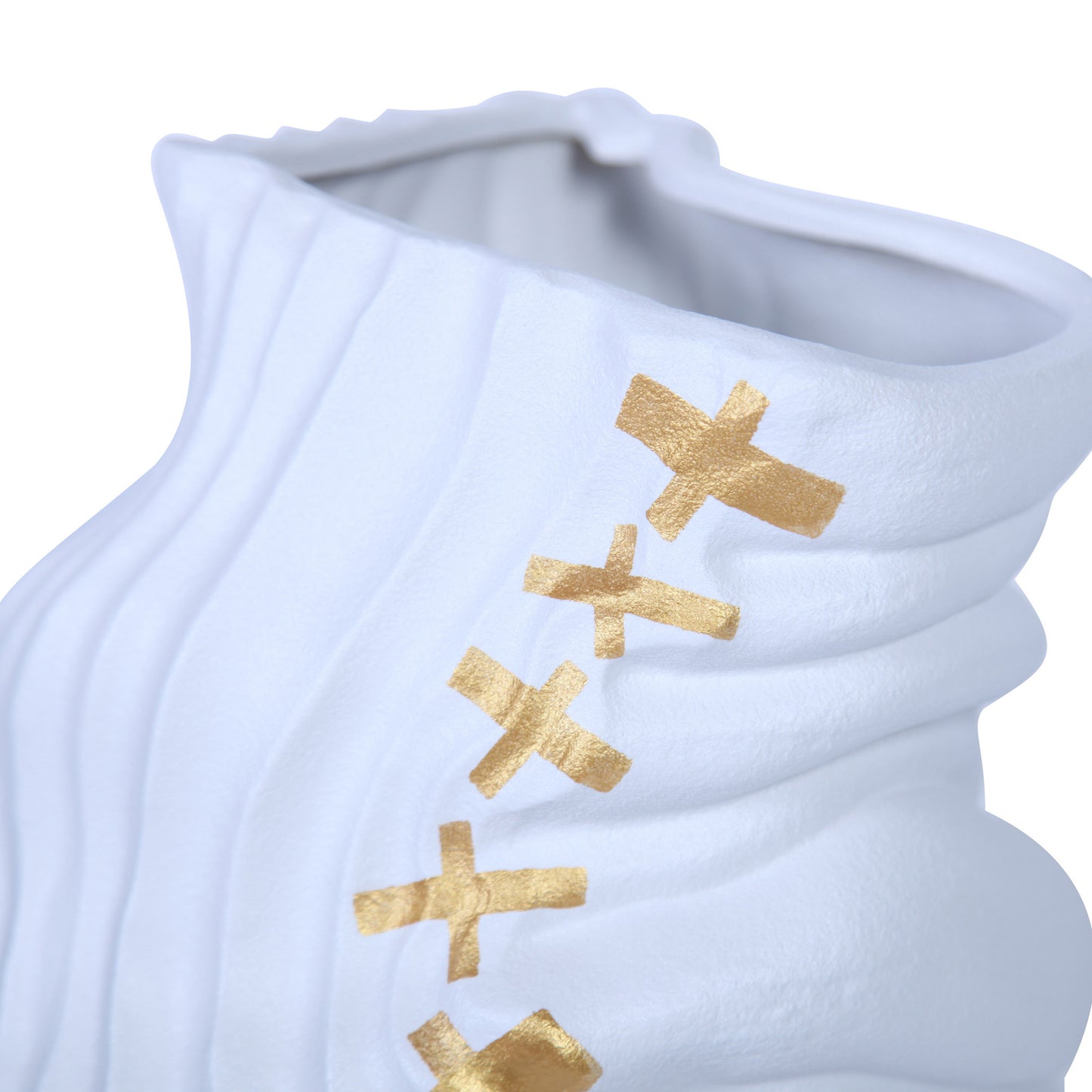 20" White and Gold Abstract Ceramic Table Vase With Sculptural Details