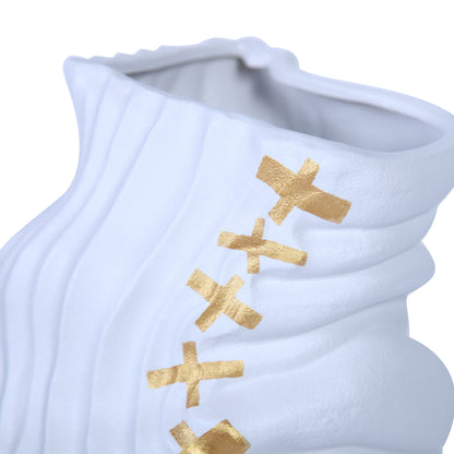 20" White and Gold Abstract Ceramic Table Vase With Sculptural Details