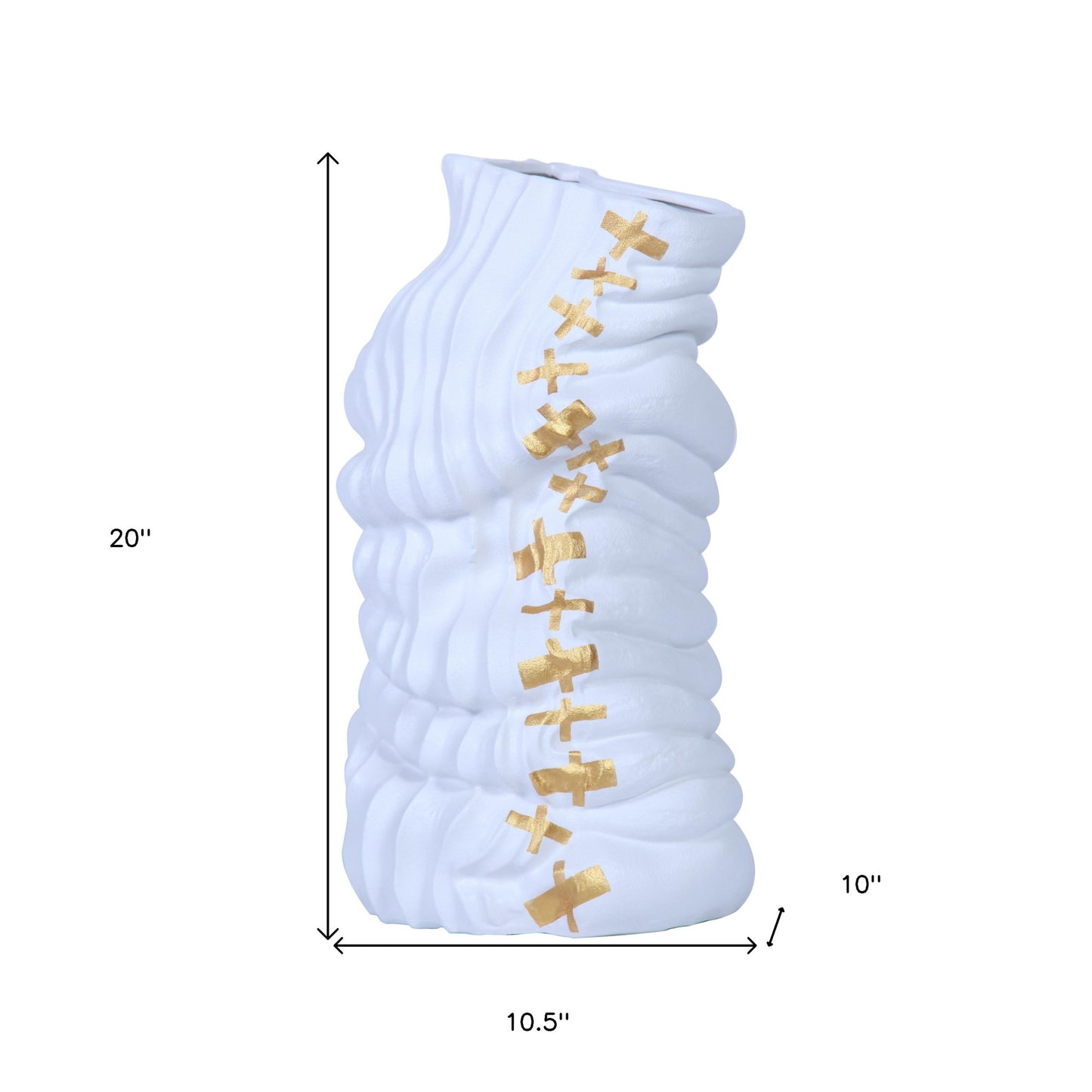20" White and Gold Abstract Ceramic Table Vase With Sculptural Details