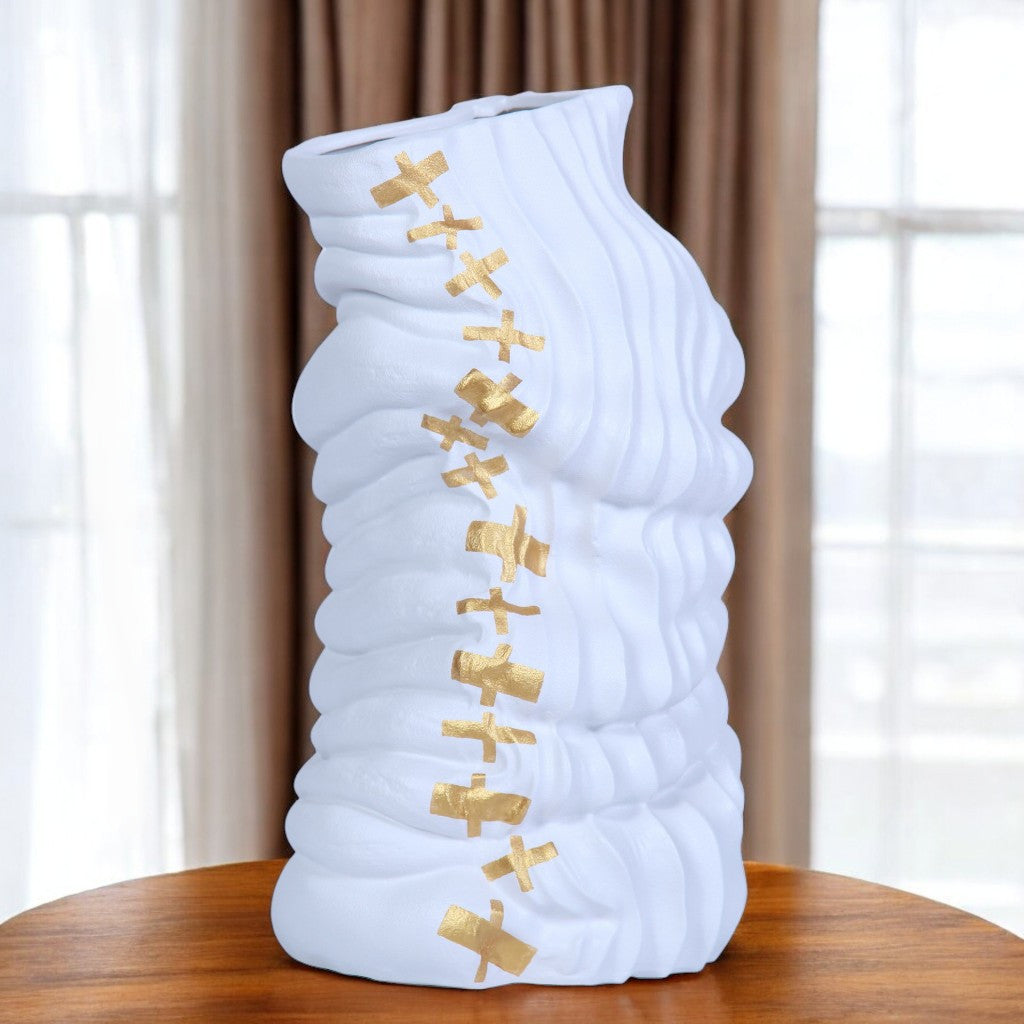 20" White and Gold Abstract Ceramic Table Vase With Sculptural Details