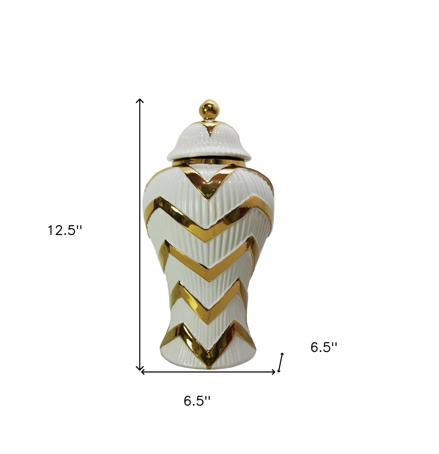 13" White and Gold Chevron Urn Ceramic Ginger Jar