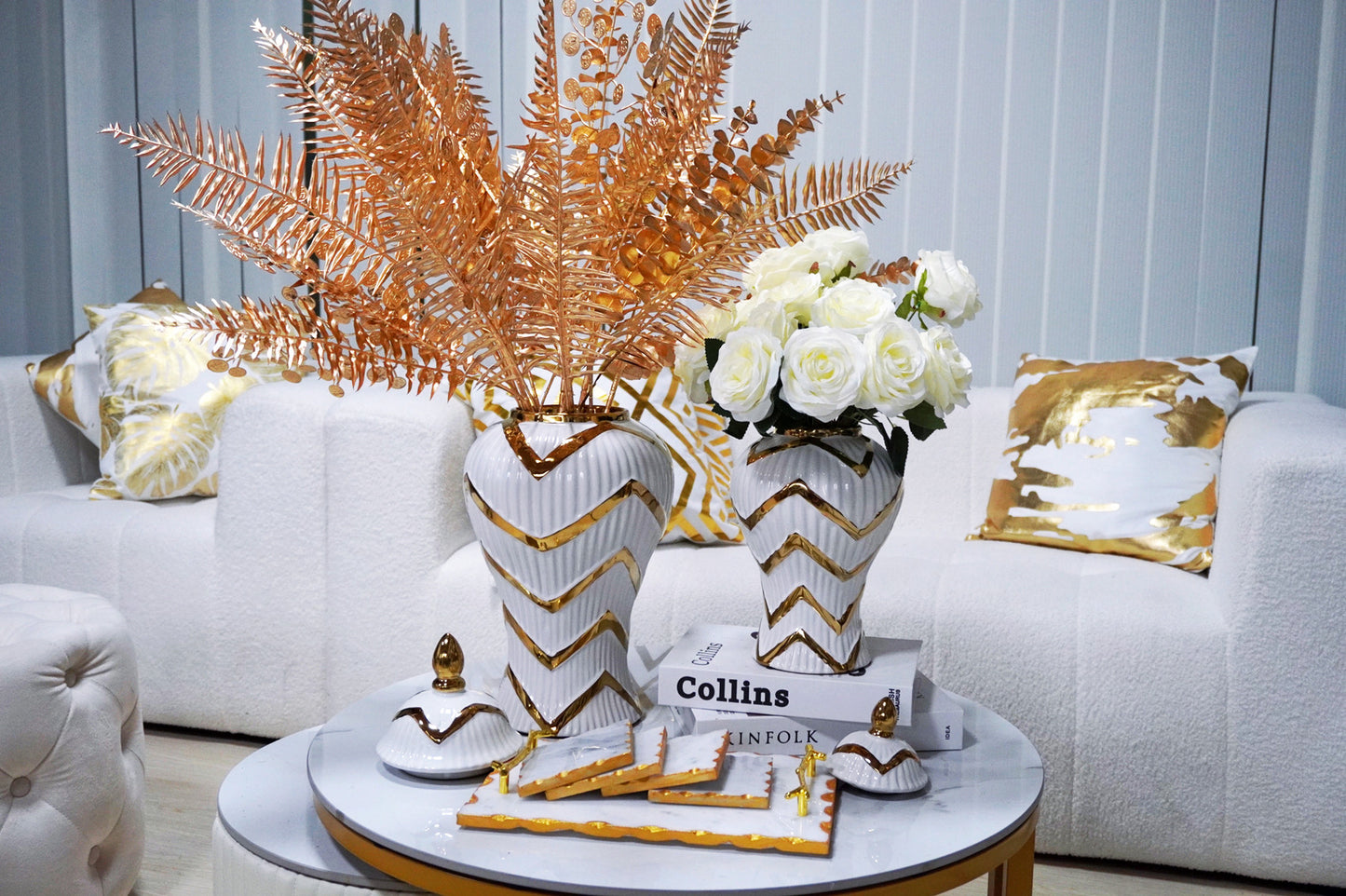 13" White and Gold Chevron Urn Ceramic Ginger Jar