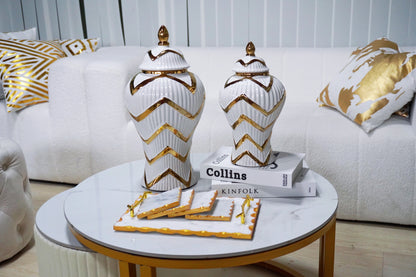 13" White and Gold Chevron Urn Ceramic Ginger Jar