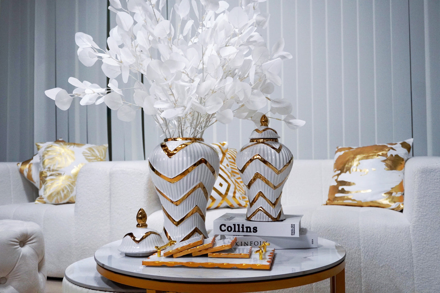 13" White and Gold Chevron Urn Ceramic Ginger Jar