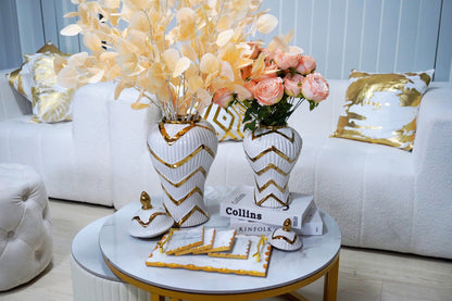 13" White and Gold Chevron Urn Ceramic Ginger Jar