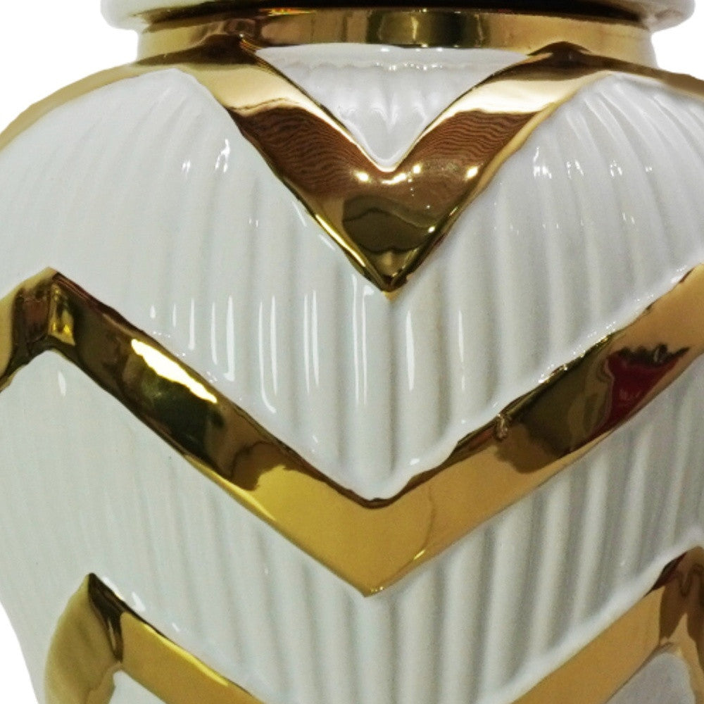 13" White and Gold Chevron Urn Ceramic Ginger Jar