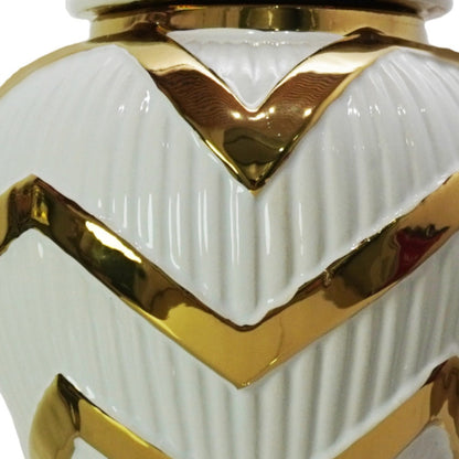 13" White and Gold Chevron Urn Ceramic Ginger Jar