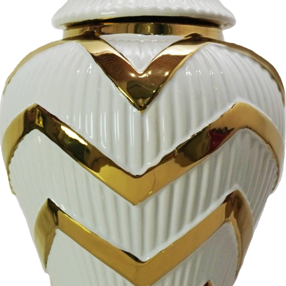13" White and Gold Chevron Urn Ceramic Ginger Jar