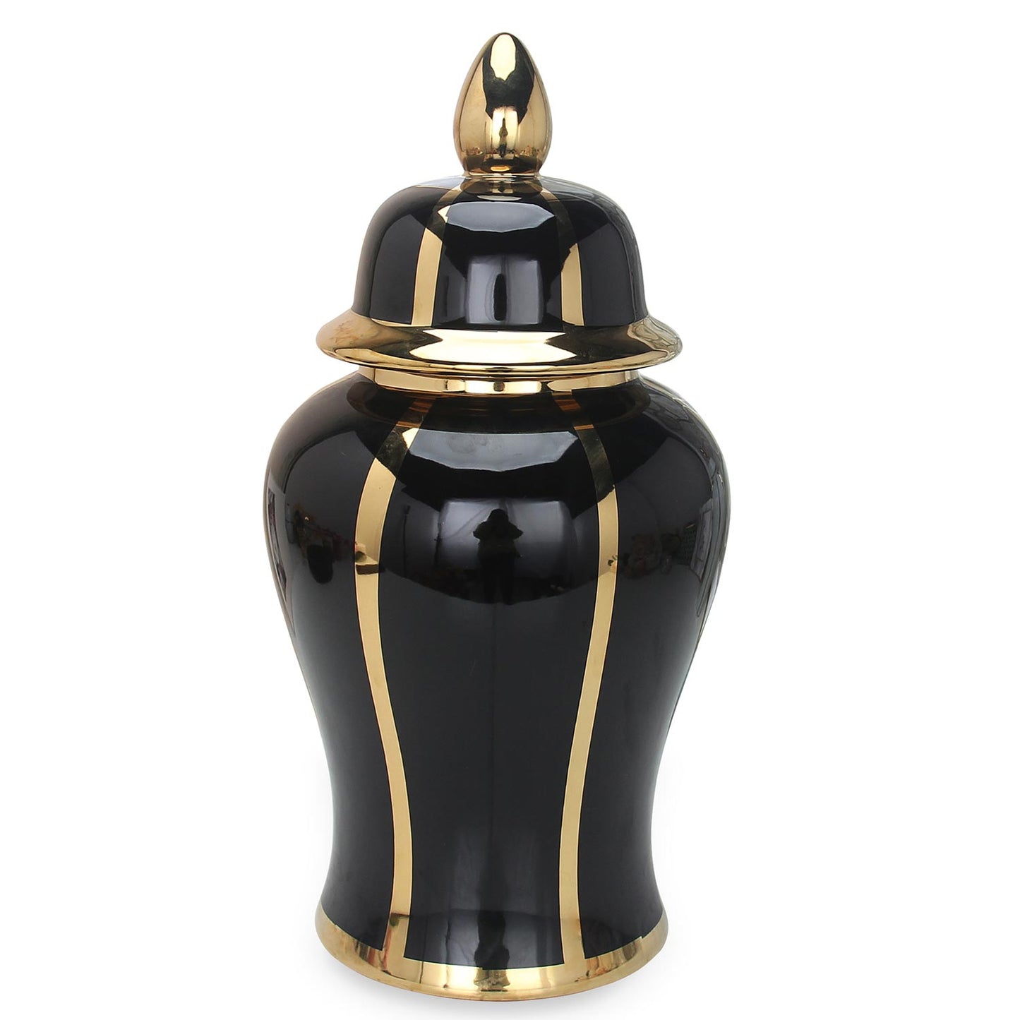 14" Black And Gold Striped Urn Ceramic Ginger Jar