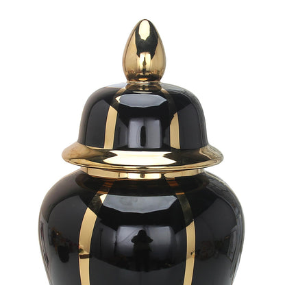 14" Black And Gold Striped Urn Ceramic Ginger Jar
