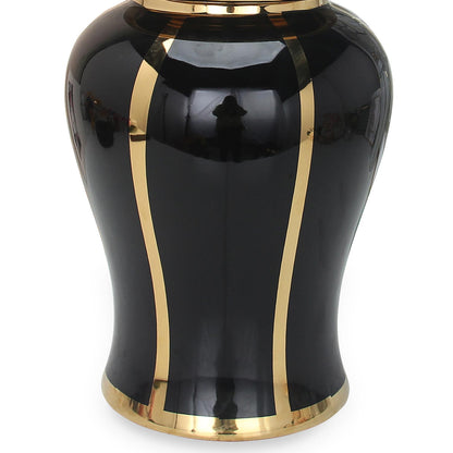 14" Black And Gold Striped Urn Ceramic Ginger Jar