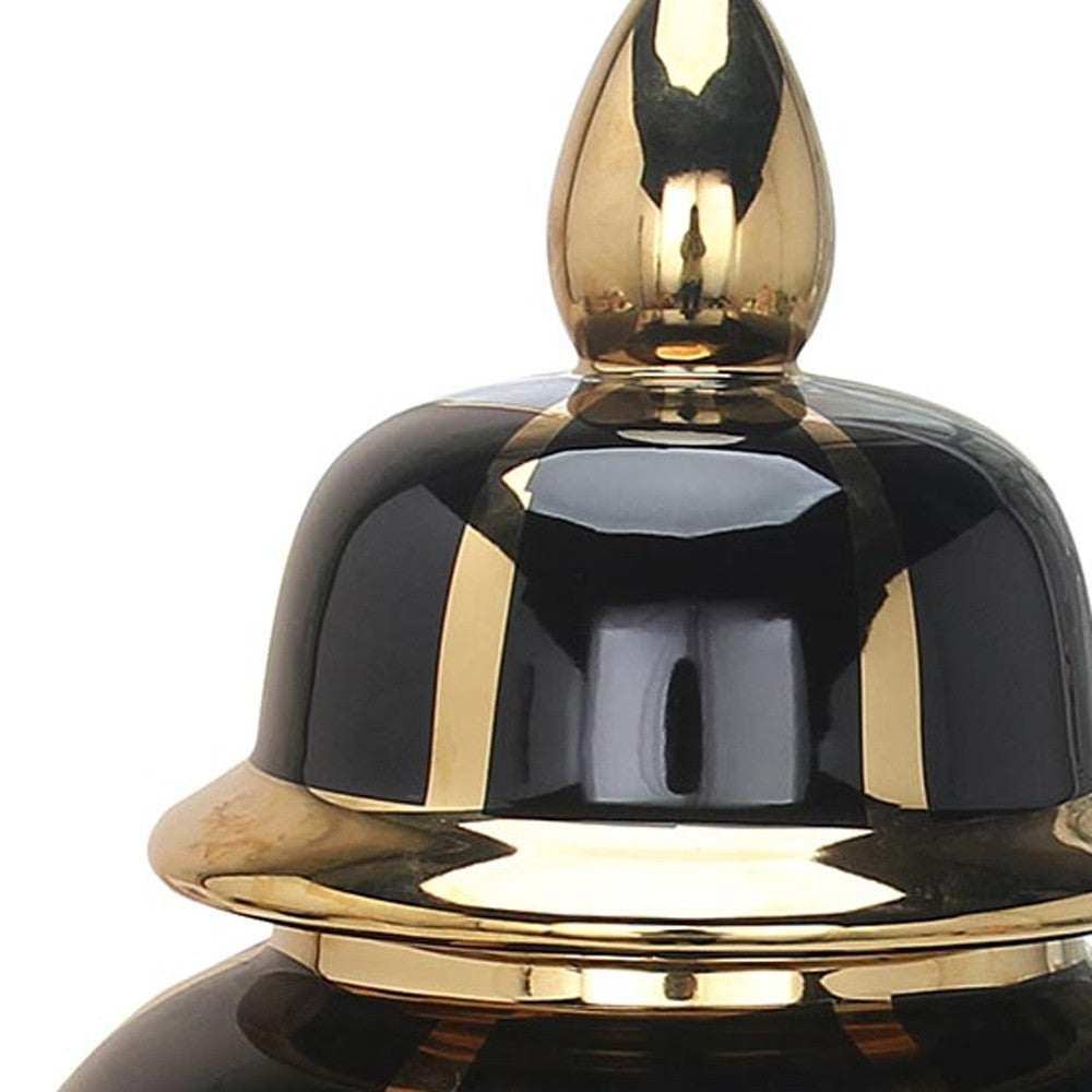 14" Black And Gold Striped Urn Ceramic Ginger Jar