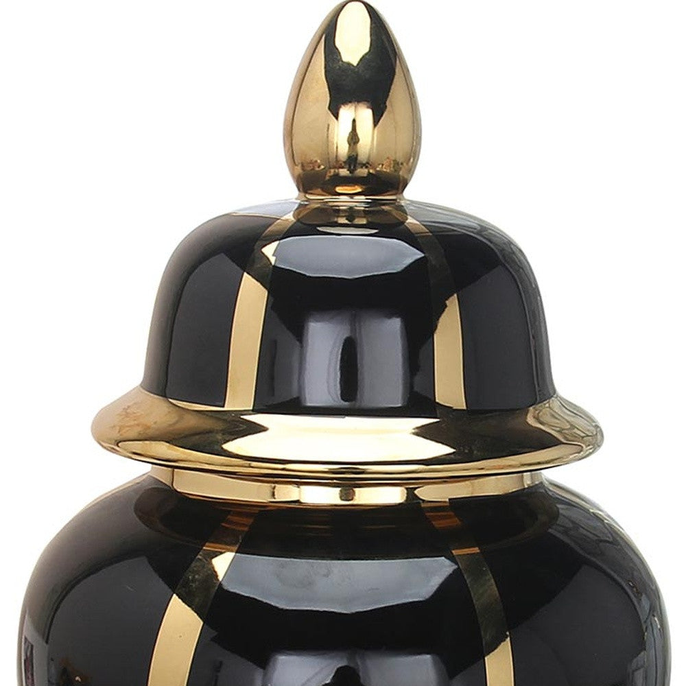 14" Black And Gold Striped Urn Ceramic Ginger Jar