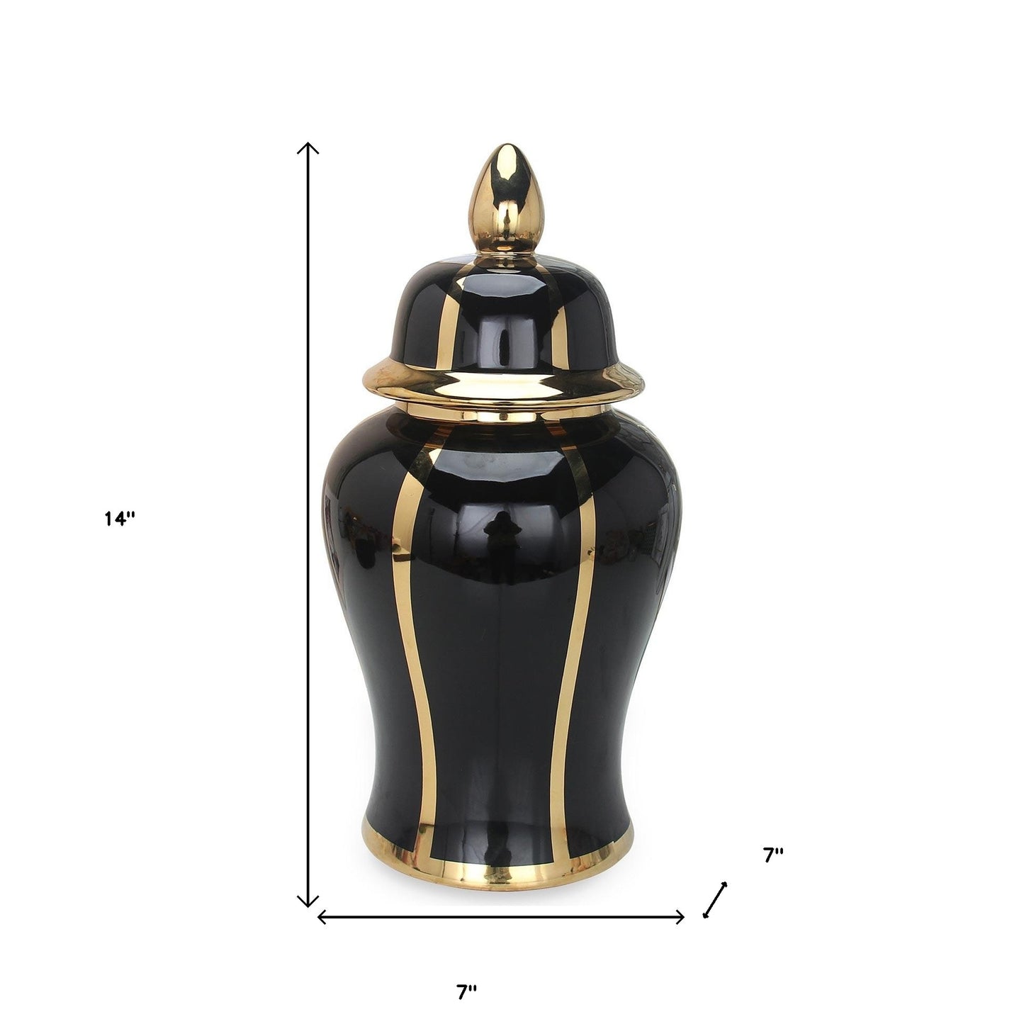 14" Black And Gold Striped Urn Ceramic Ginger Jar