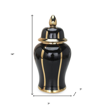 14" Black And Gold Striped Urn Ceramic Ginger Jar
