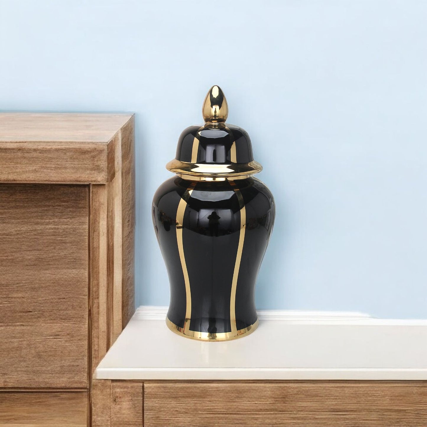 14" Black And Gold Striped Urn Ceramic Ginger Jar