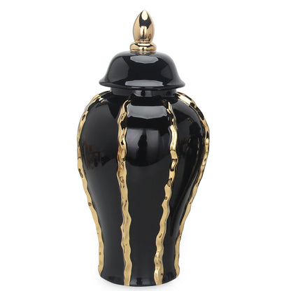 19" Black and Gold Striped Urn Ceramic Ginger Jar