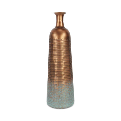 28" Copper And Teal Abstract Tapered Metal Floor Vase