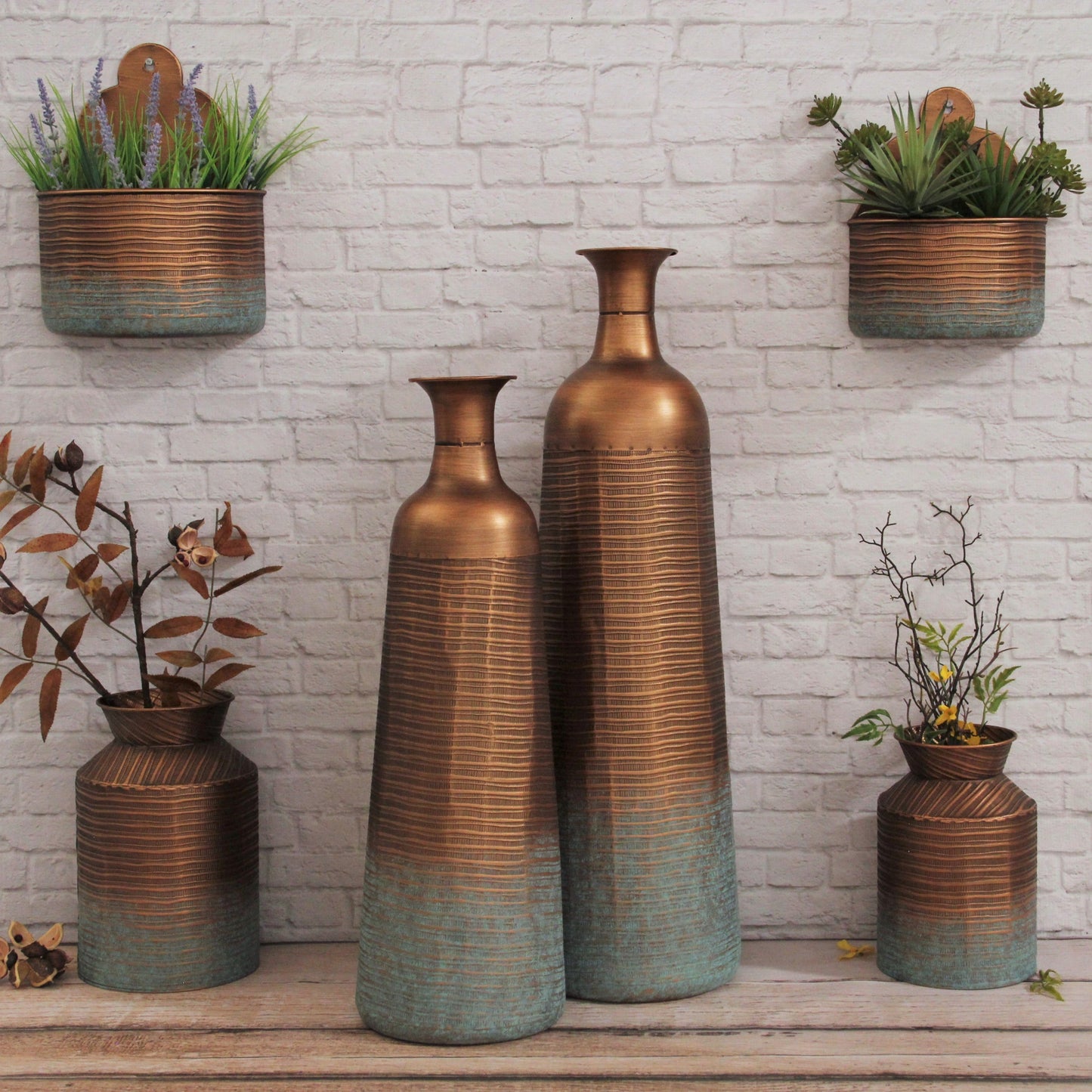 28" Copper And Teal Abstract Tapered Metal Floor Vase