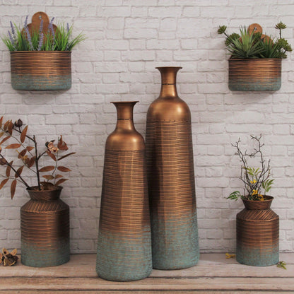 28" Copper And Teal Abstract Tapered Metal Floor Vase