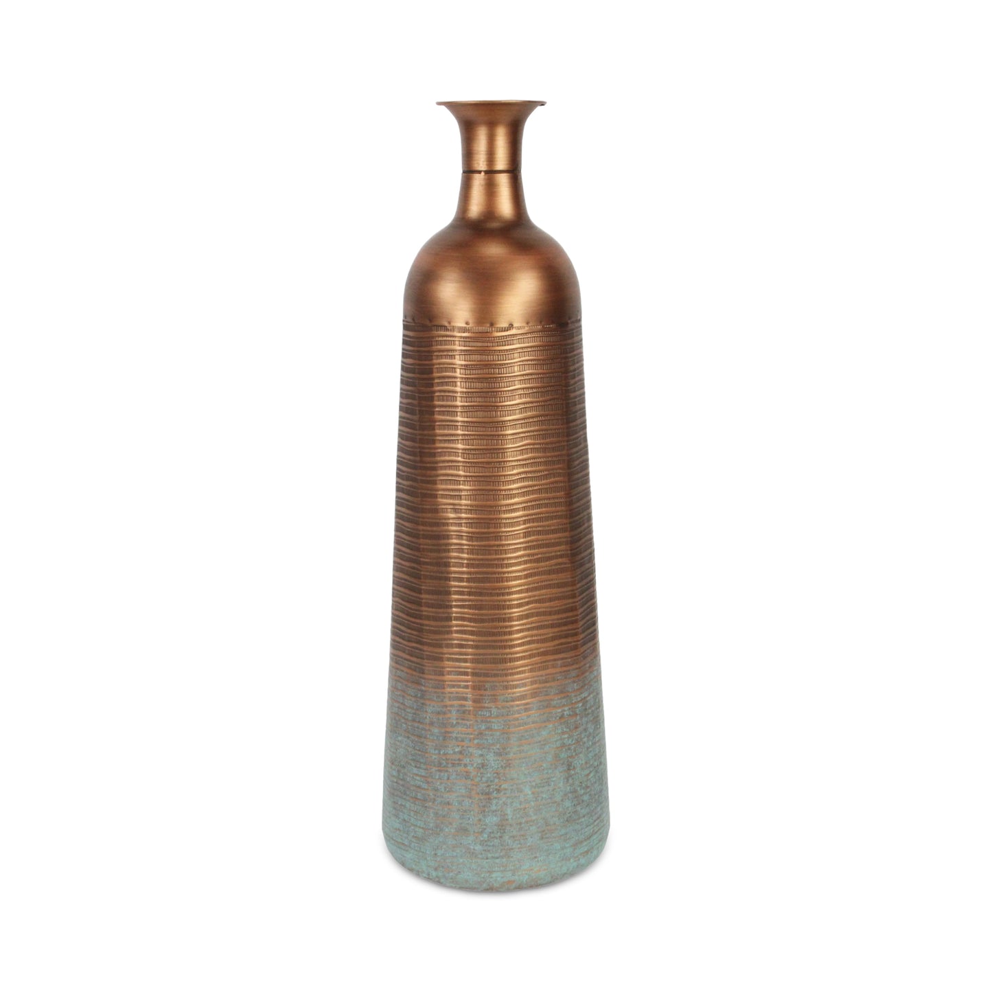 28" Copper And Teal Abstract Tapered Metal Floor Vase