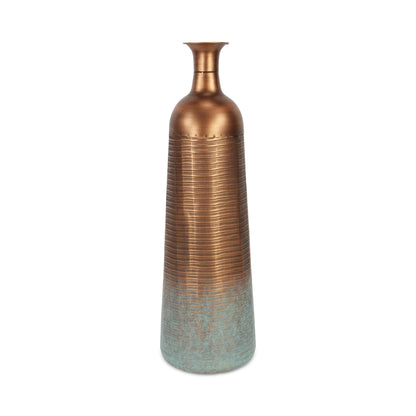 28" Copper And Teal Abstract Tapered Metal Floor Vase