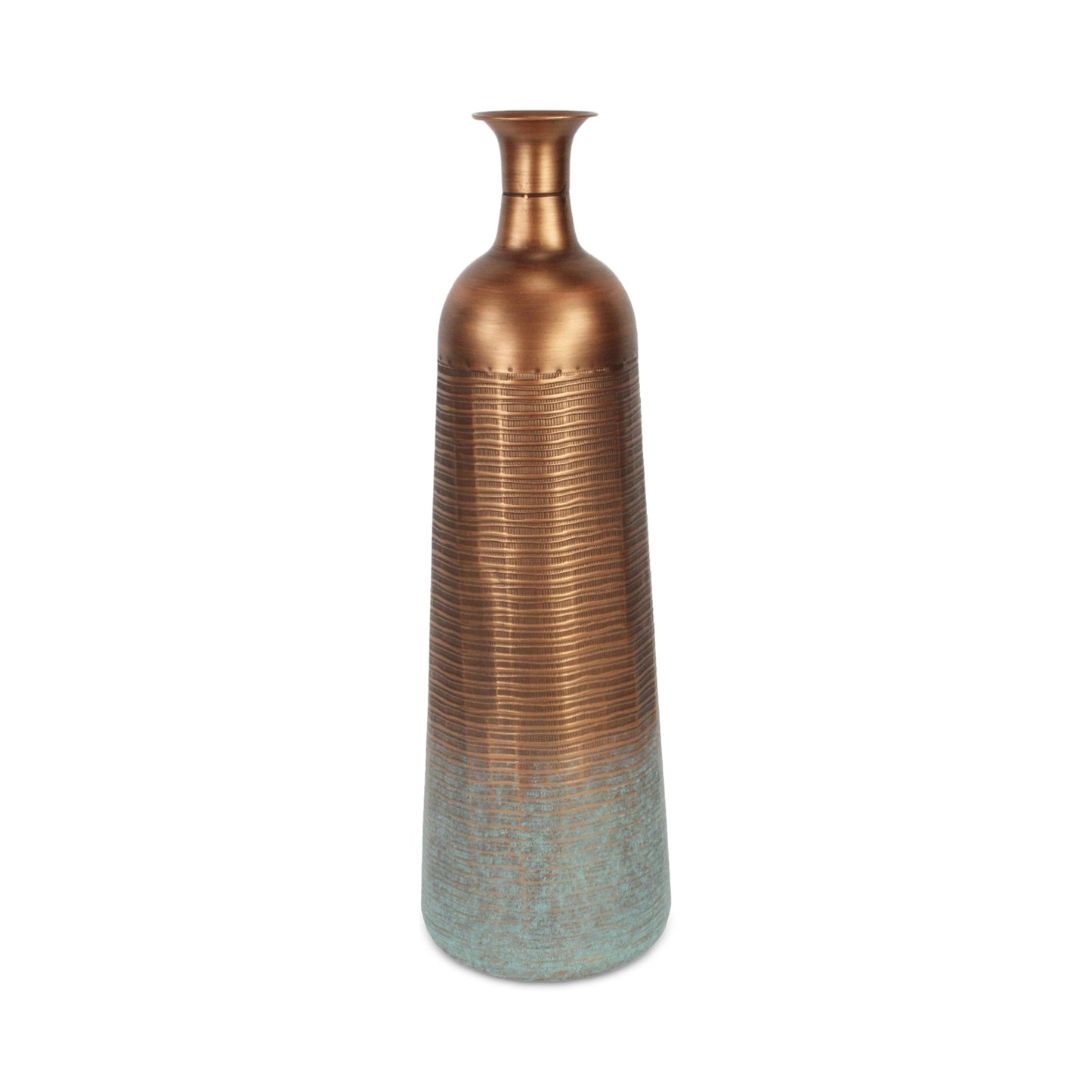 28" Copper And Teal Abstract Tapered Metal Floor Vase