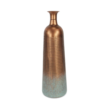 28" Copper And Teal Abstract Tapered Metal Floor Vase