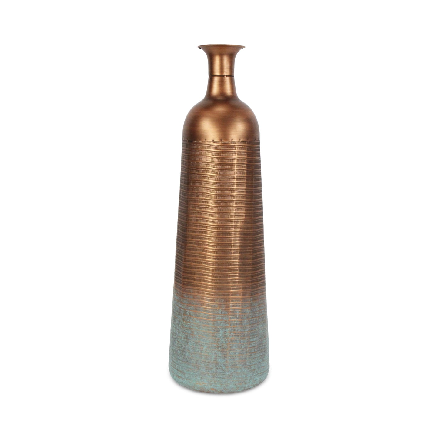 28" Copper And Teal Abstract Tapered Metal Floor Vase