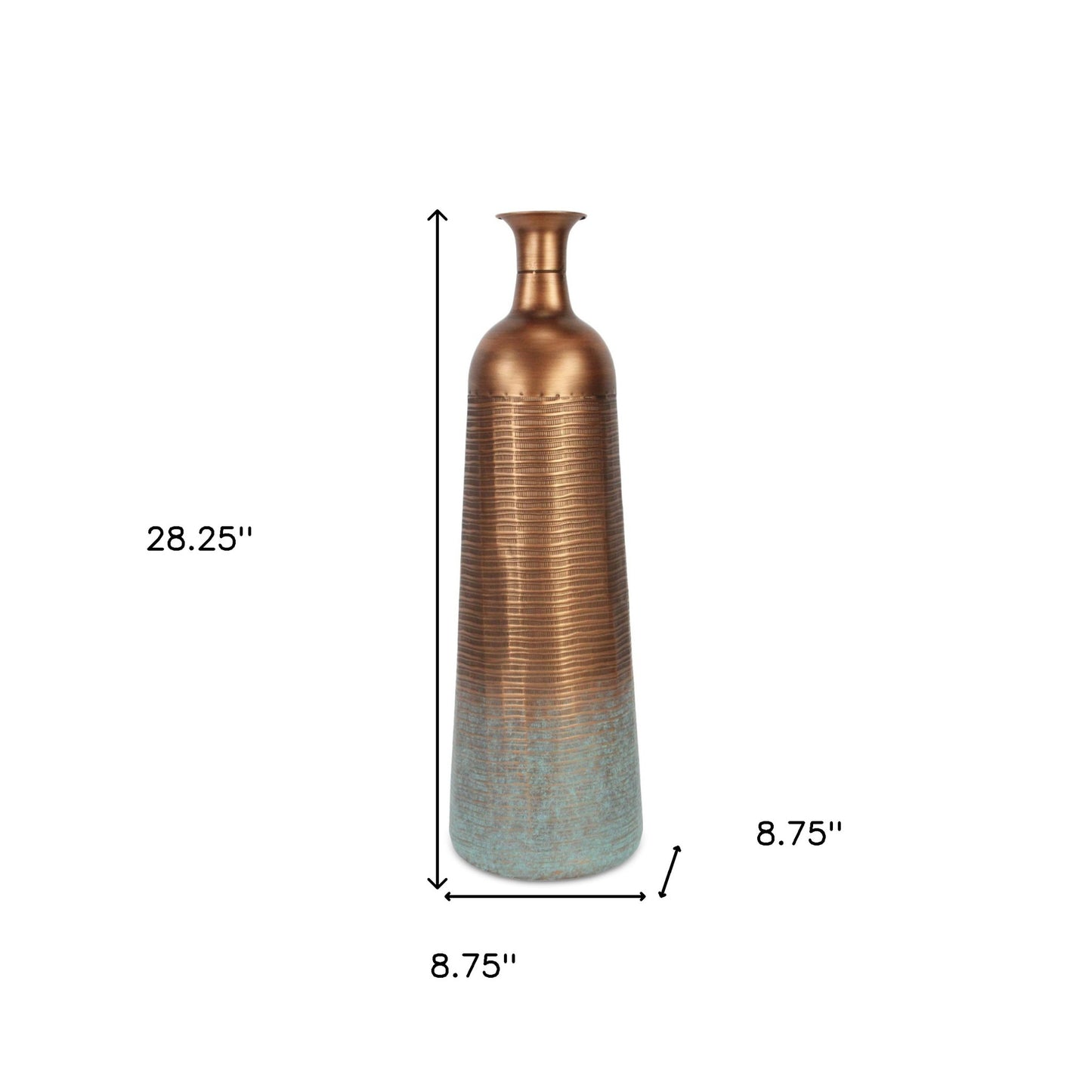28" Copper And Teal Abstract Tapered Metal Floor Vase