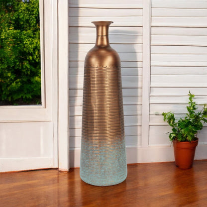 28" Copper And Teal Abstract Tapered Metal Floor Vase