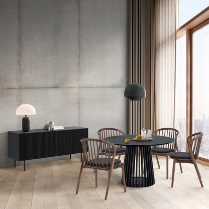 Six Piece Black Round Dining Set with Four Chairs and Sideboard