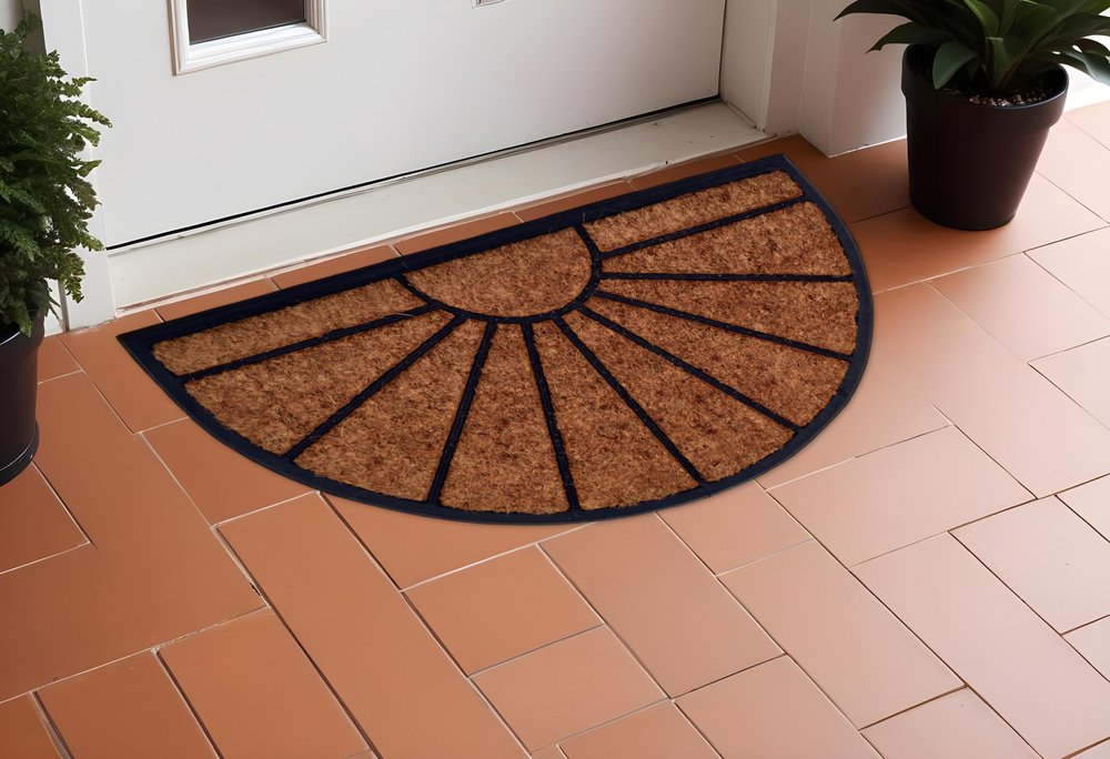 18" X 30" Beige and Black Rubber and Coir Outdoor Semi Circle Door Mat