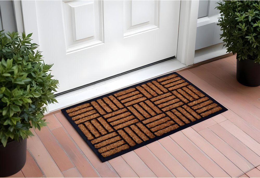 18" X 30" Beige and Black Rubber and Coir Outdoor Door Mat