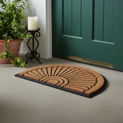 18" X 30" Beige and Black Rubber and Coir Outdoor Semi Circle Door Mat