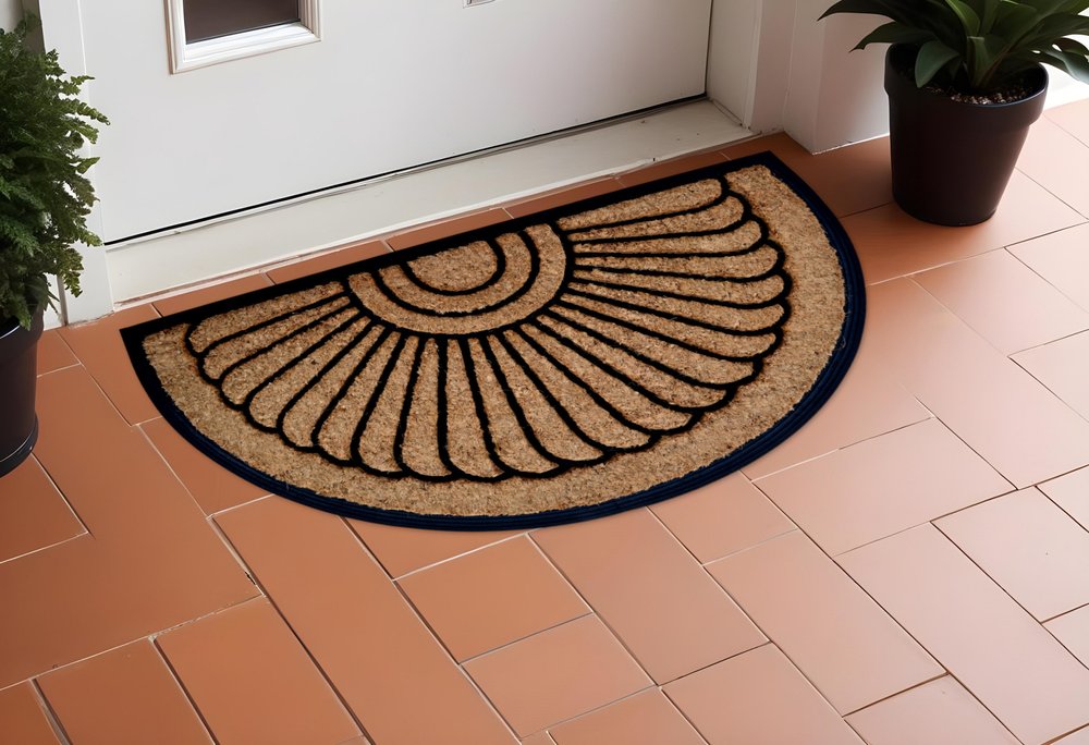 18" X 30" Beige and Black Rubber and Coir Outdoor Semi Circle Door Mat