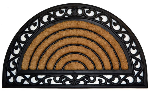 18" X 30" Beige and Black Rubber and Coir Outdoor Semi Circle Door Mat