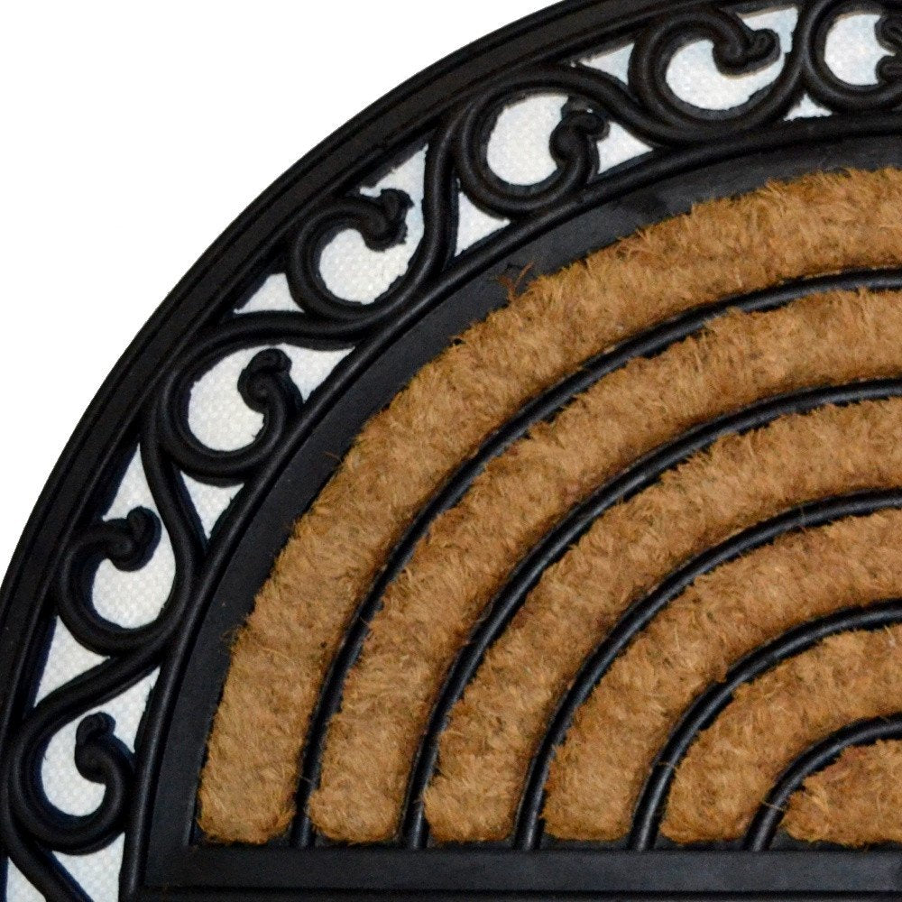 18" X 30" Beige and Black Rubber and Coir Outdoor Semi Circle Door Mat