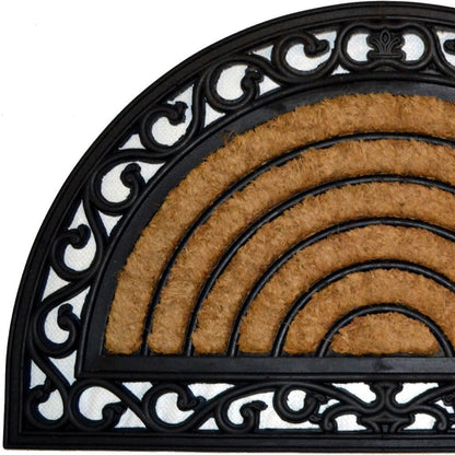 18" X 30" Beige and Black Rubber and Coir Outdoor Semi Circle Door Mat