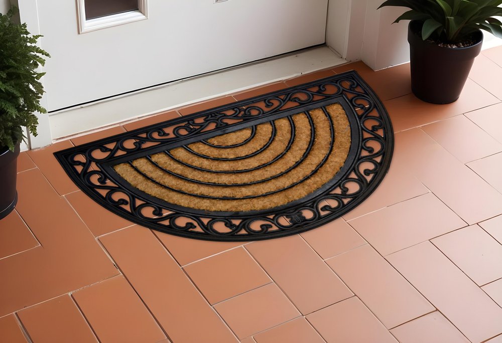 18" X 30" Beige and Black Rubber and Coir Outdoor Semi Circle Door Mat